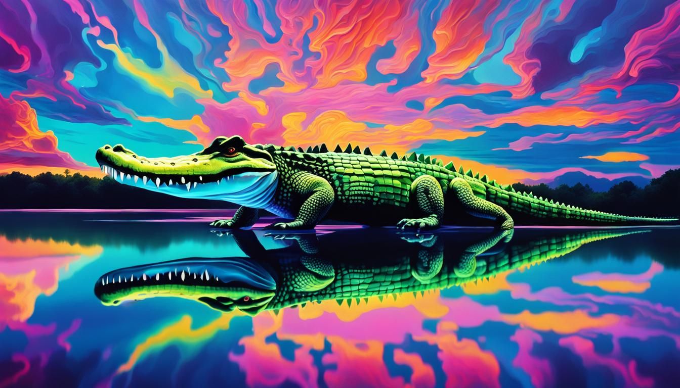 Fantastical Crocodile Floats in Abstract Dreamscape
