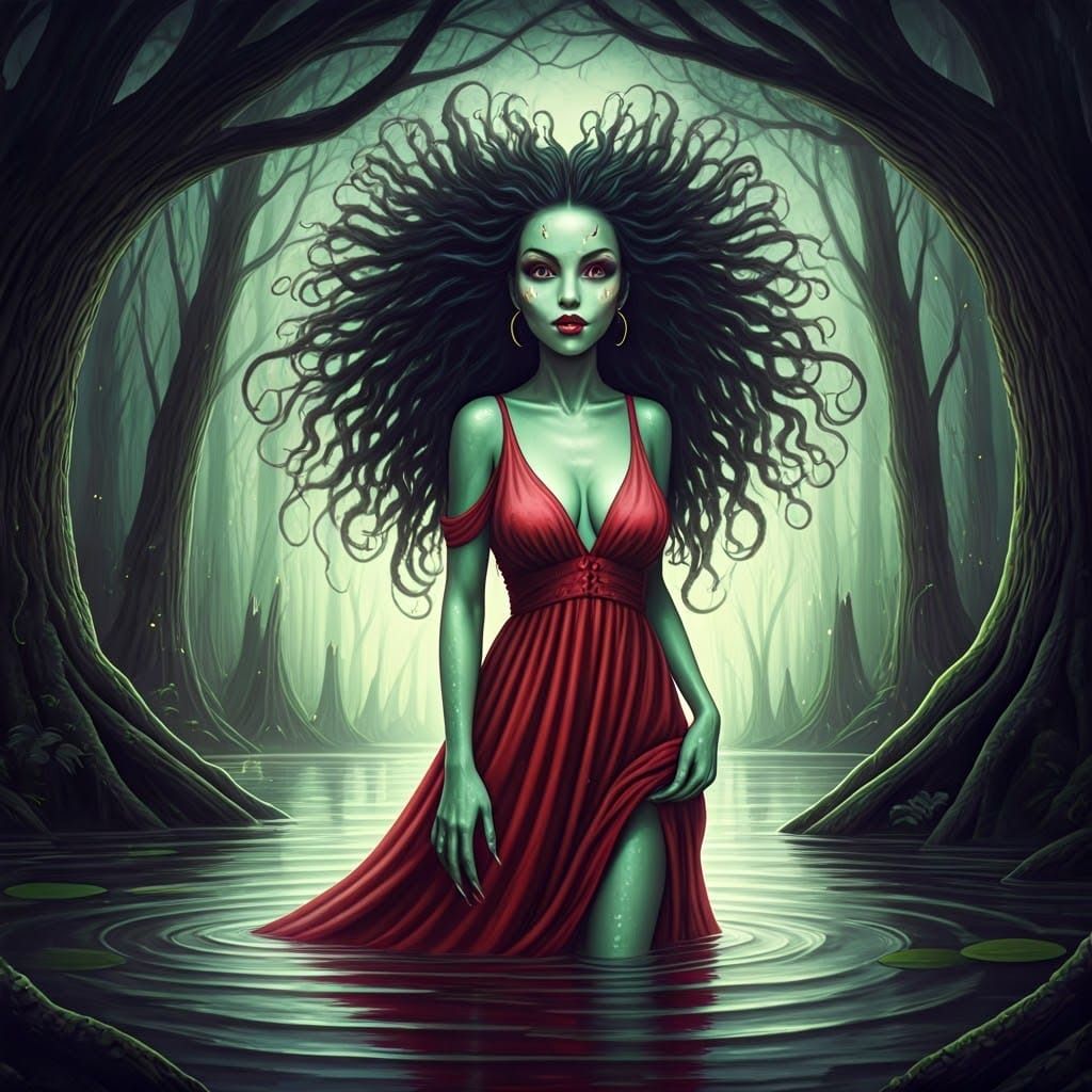 Exaggerated Germlin Woman in Mystical Swamp