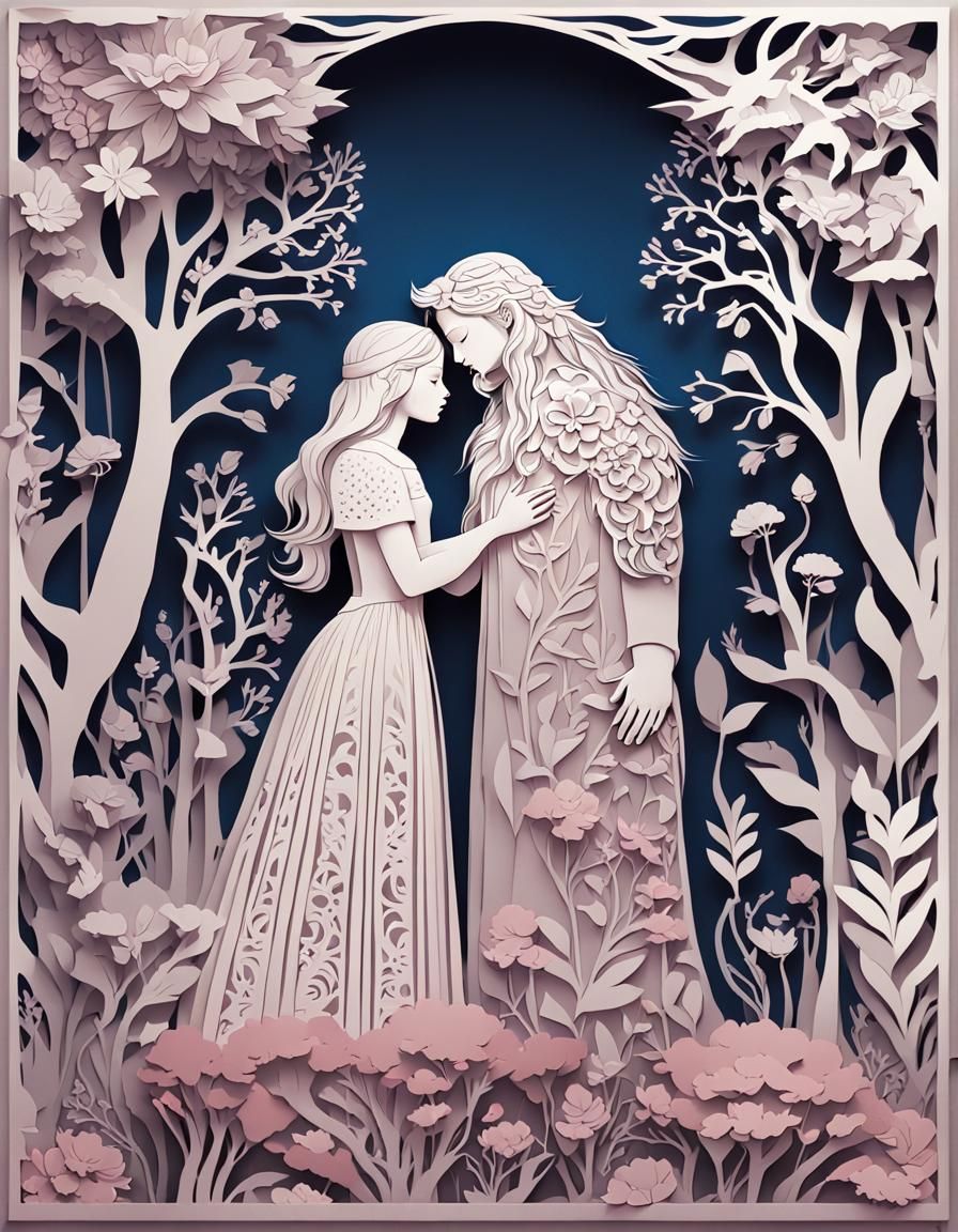 Princess and Werewolf in Flower Forest: Art Nouveau Papercut...
