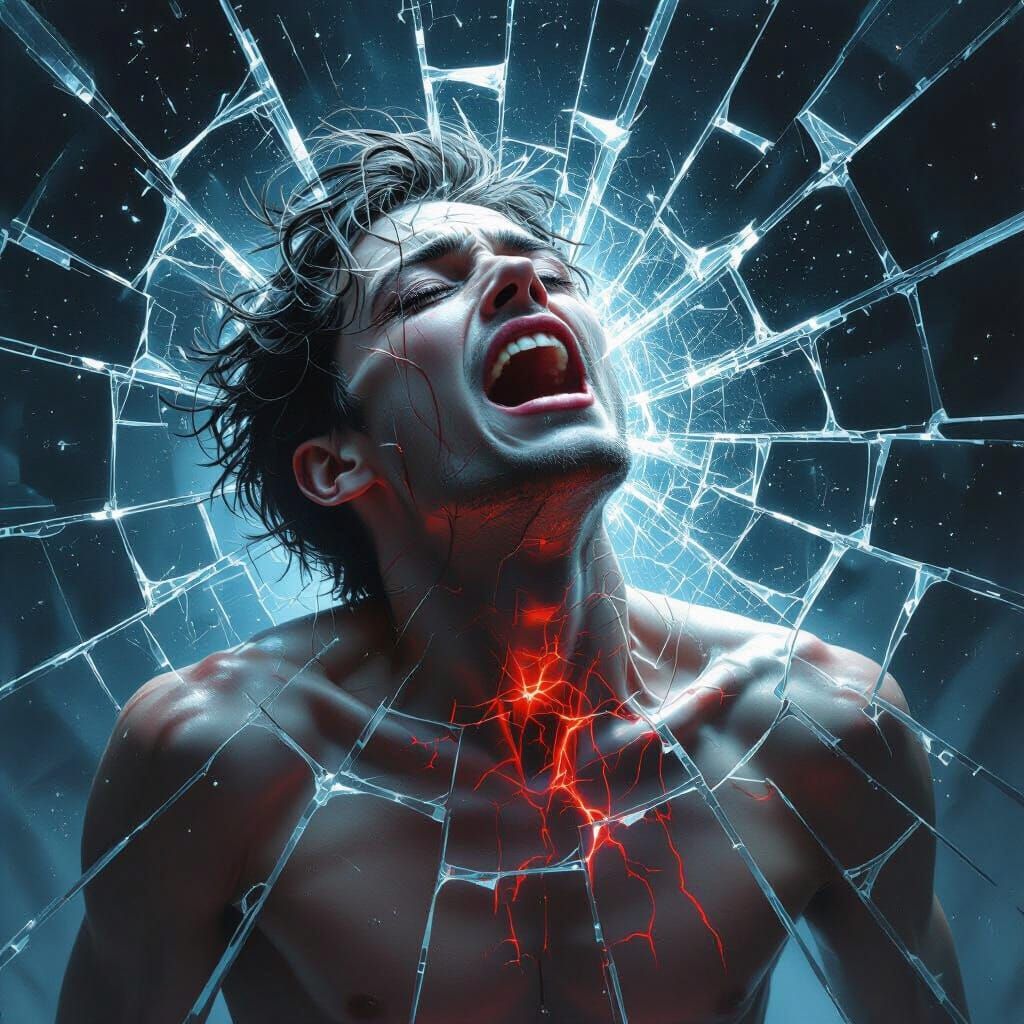 Ecstatic Face Shattering Glass in Surreal Digital Painting