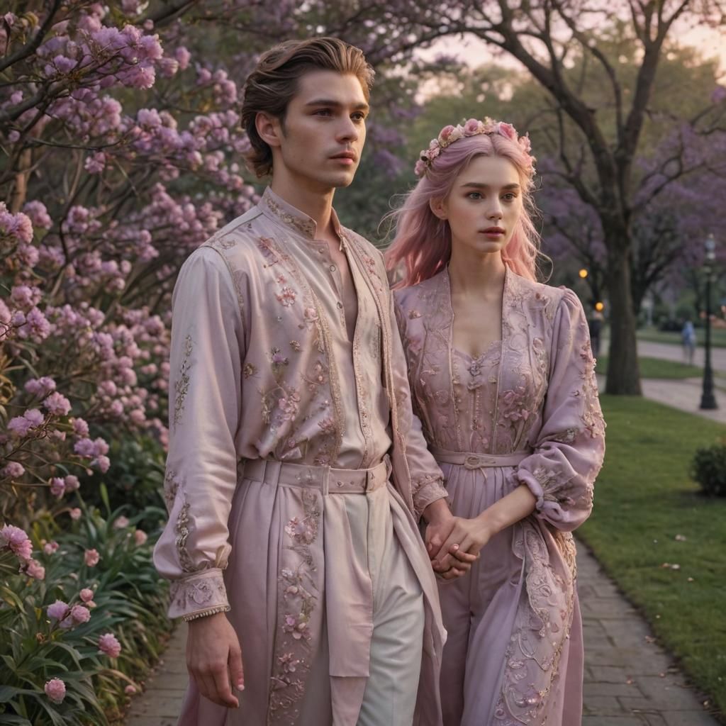 Romantic Stroll in Park: Hyperrealistic Digital Portrait