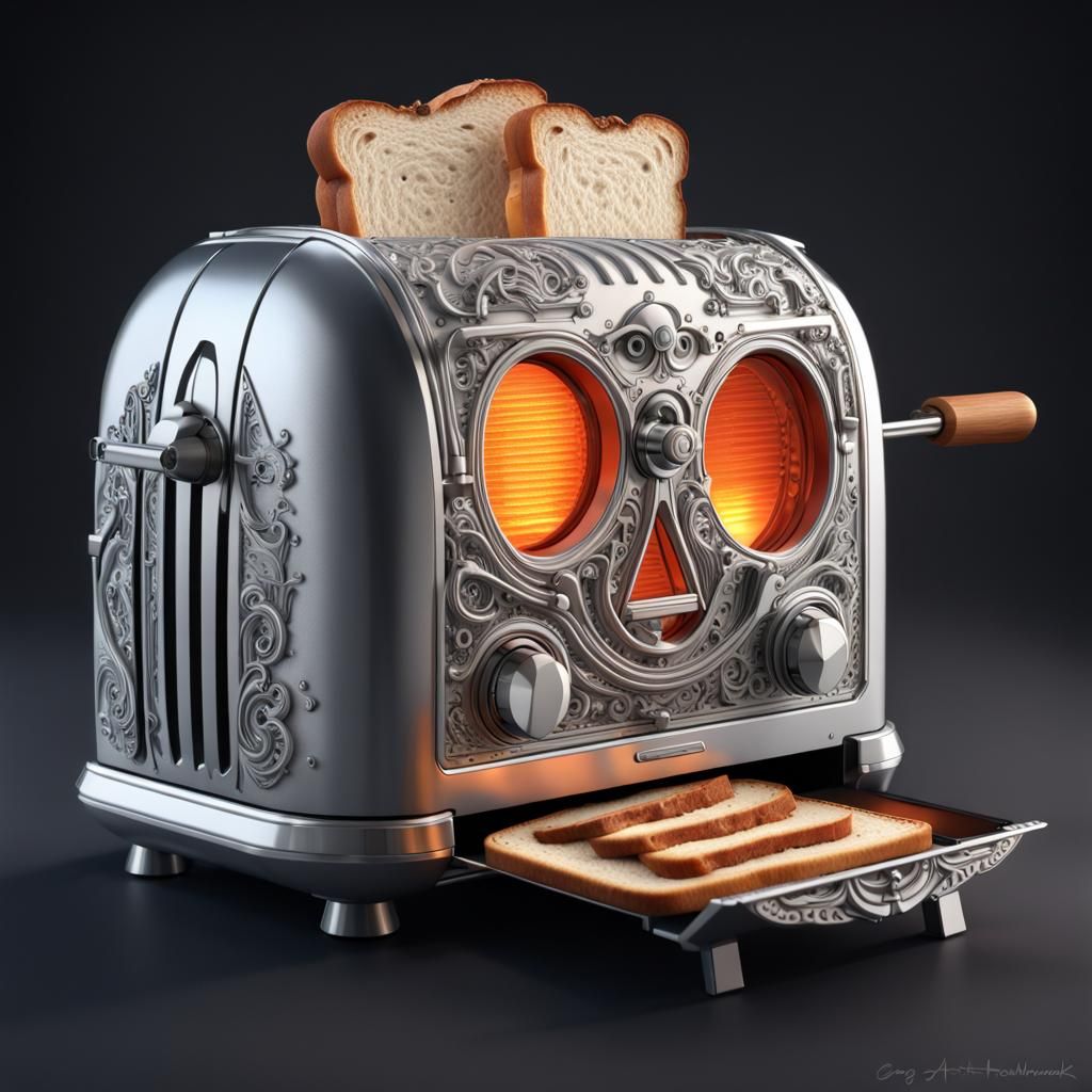 A futuristic halloween toaster that toast bread with laser halloween-swords 

retro futuristic, bomb-diffuse kit, steamp...