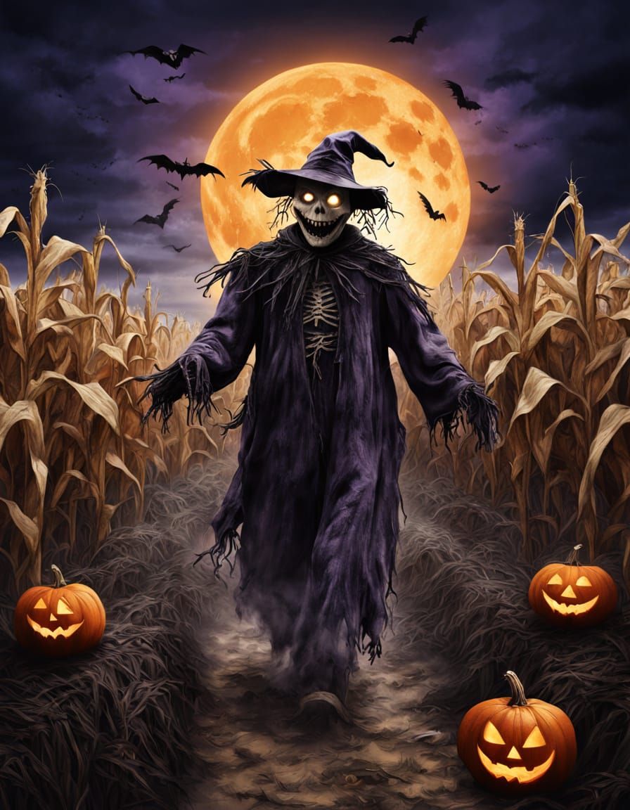 Ghostly Scarecrow in Haunted Corn Maze Digital Art