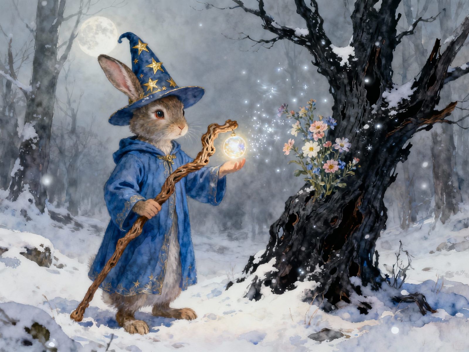 Rabbit Wizard Conjures Flowers in Snowy Forest