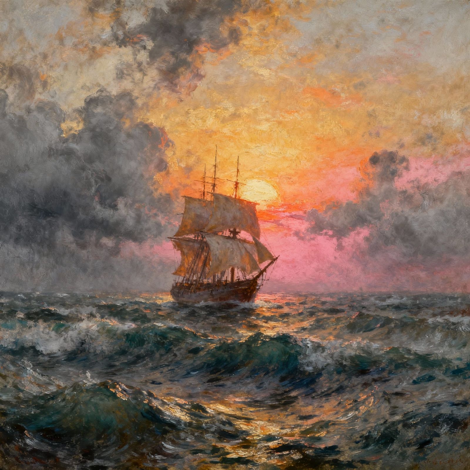 Ship at Sea at Sunset in Turner Style