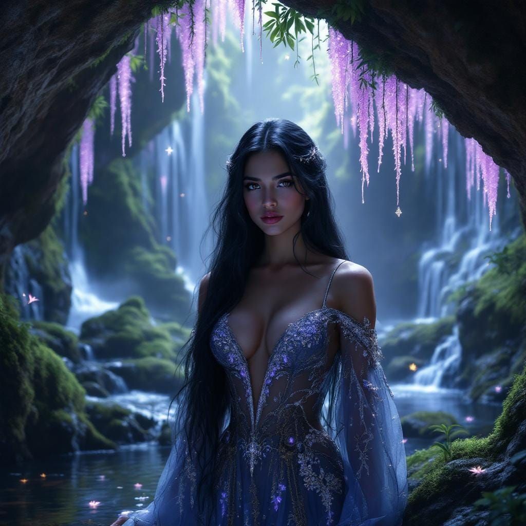 Latina Woman in Bioluminescent Grotto: Renaissance Painting