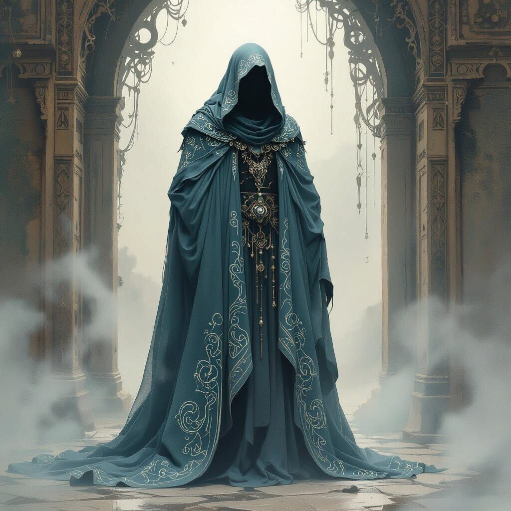 Ethereal Figure in Misty Dreamscape, Watercolor Textures