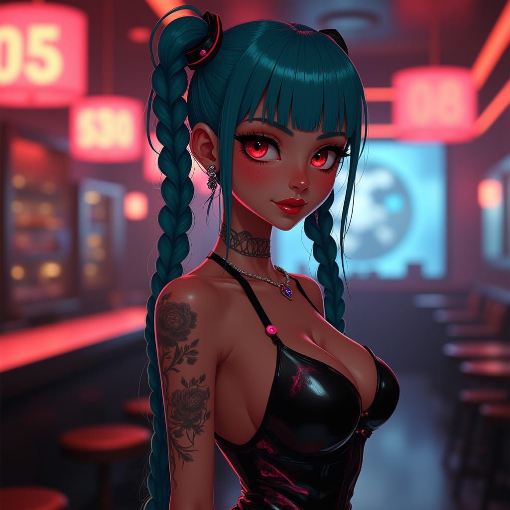 Futuristic Woman with Ruby Eyes in Art Deco Club