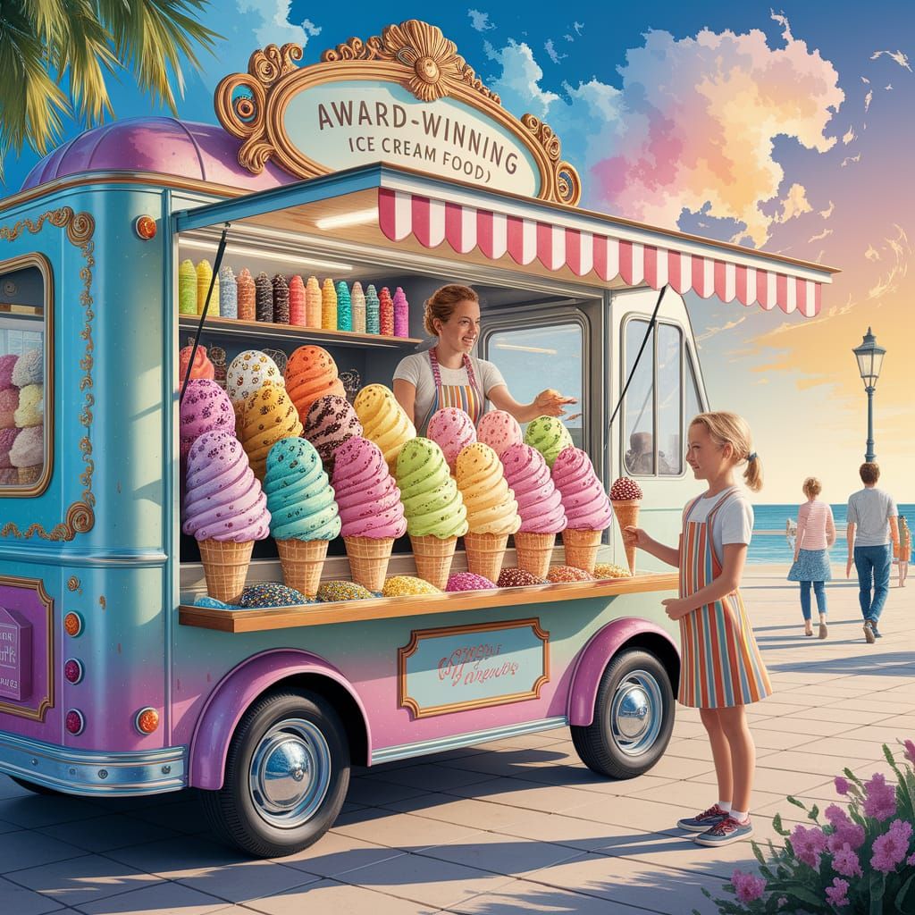 Whimsical Ice Cream Truck at Beach: Watercolor Painting