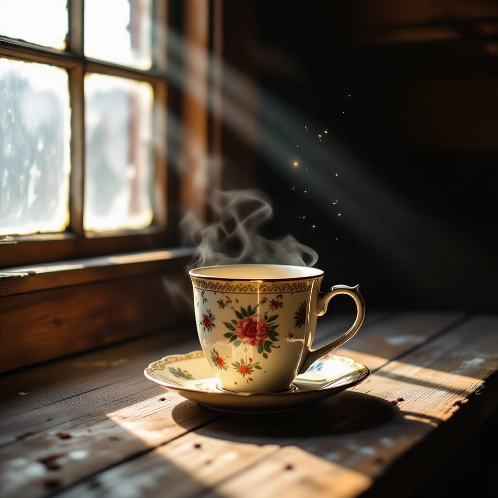 Chipped Vintage Coffee Mug on Dusty Table