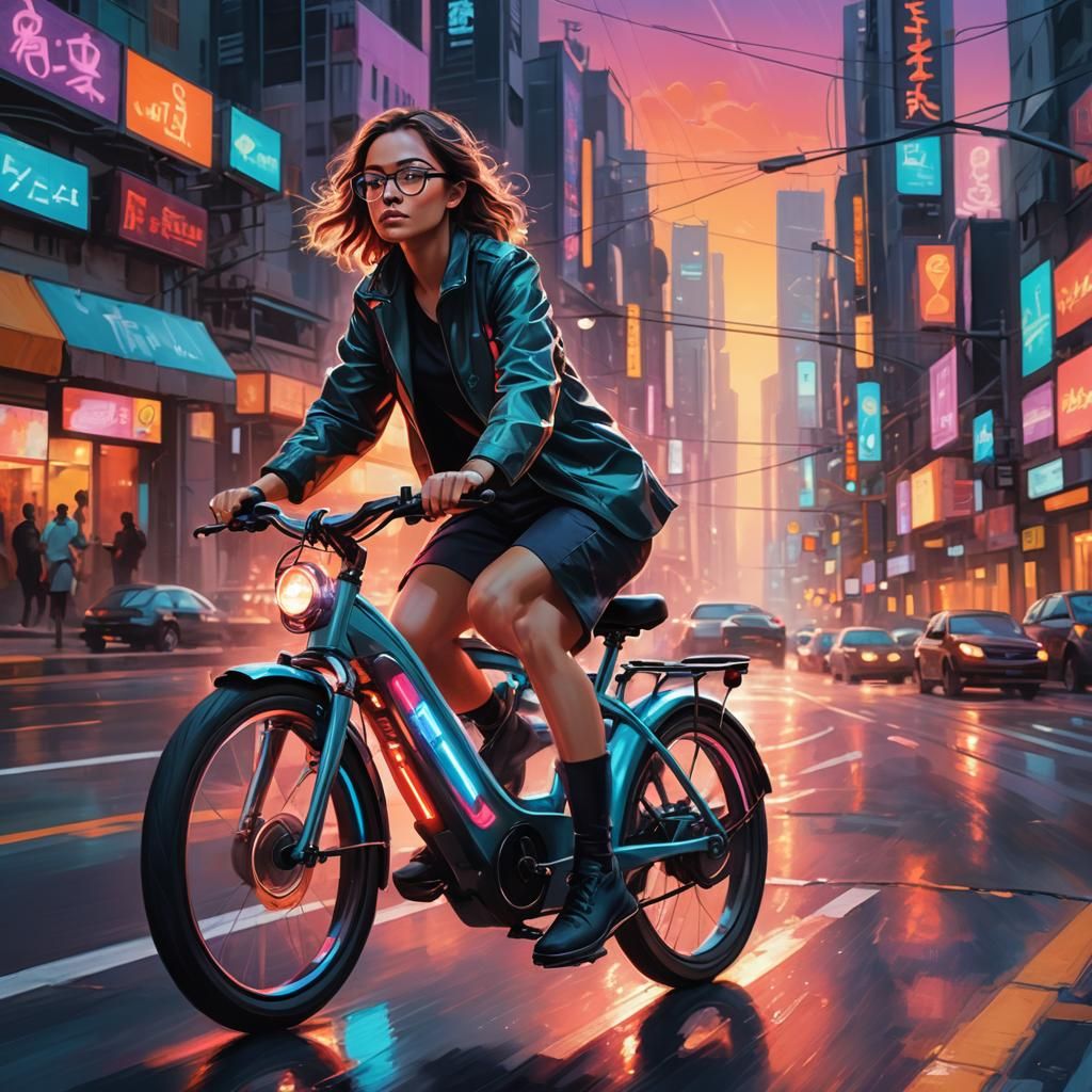 Futuristic Woman on Electric Bicycle in Vibrant City
