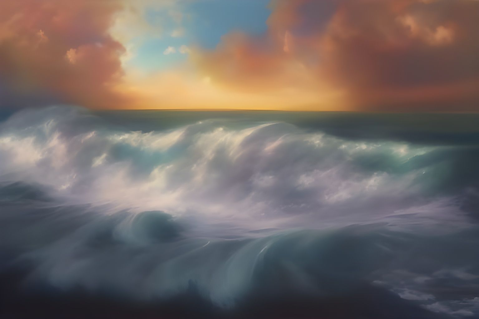 Bioluminescent Wave Breaking on Beach: Detailed Painting