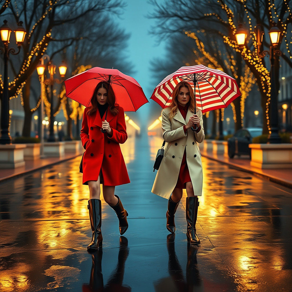 Stylish French Girls Walking in Rainy Paris