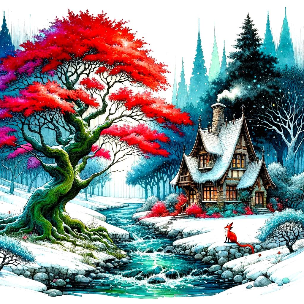 Fantasy fairy house, river,  red maple tree, snow on the ground,  bold pen and ink, bright watercolor