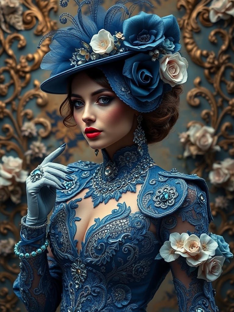 A rococo steampunk woman in blue and silver 1 of 4