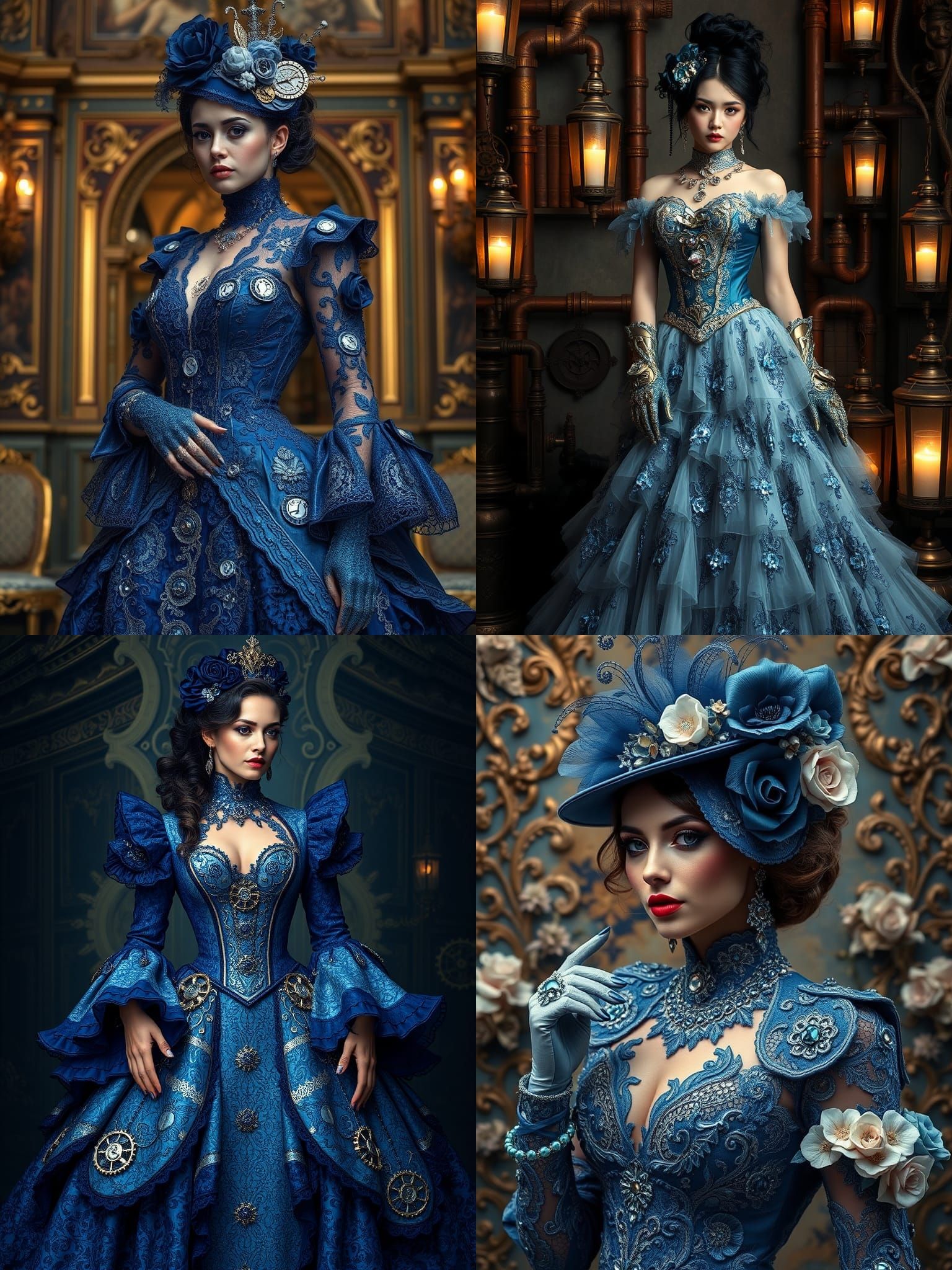 Rococo Steampunk Women in Blue and Silver