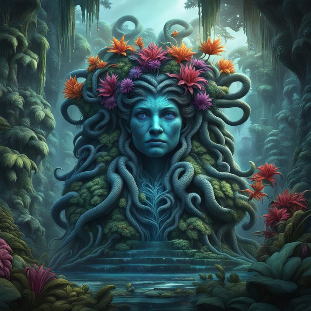 Medusa in Fantasy Jungle: Vibrant Flora and Fauna