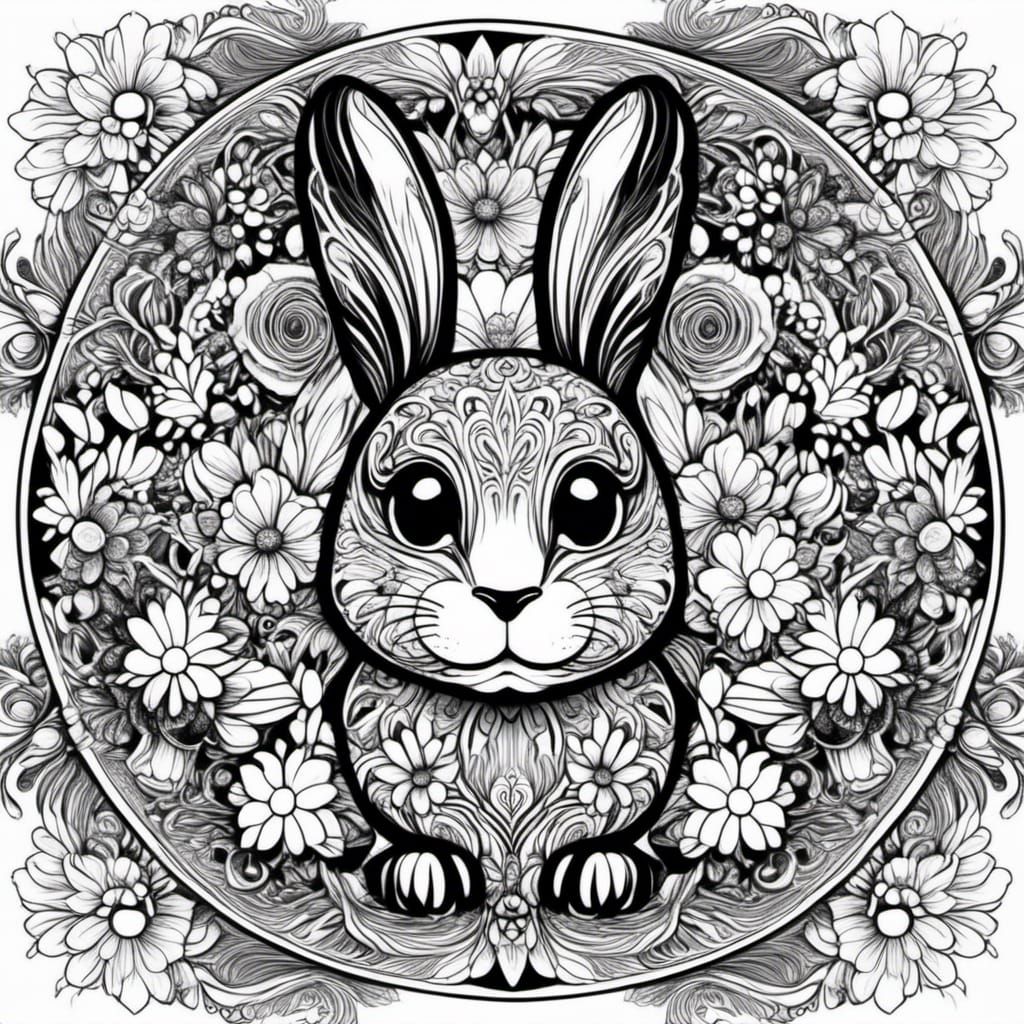 Easter Bunny Mandala Coloring Page in Black and White