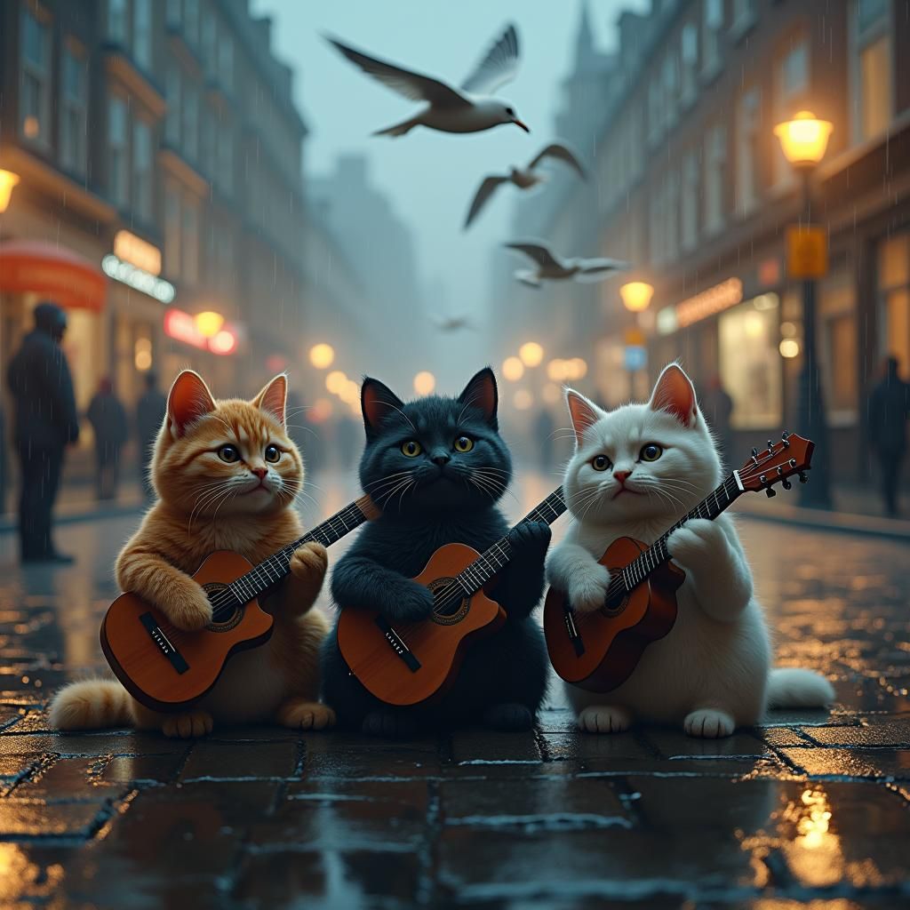 Cats' Rainy London Street Serenade: Matte Painting