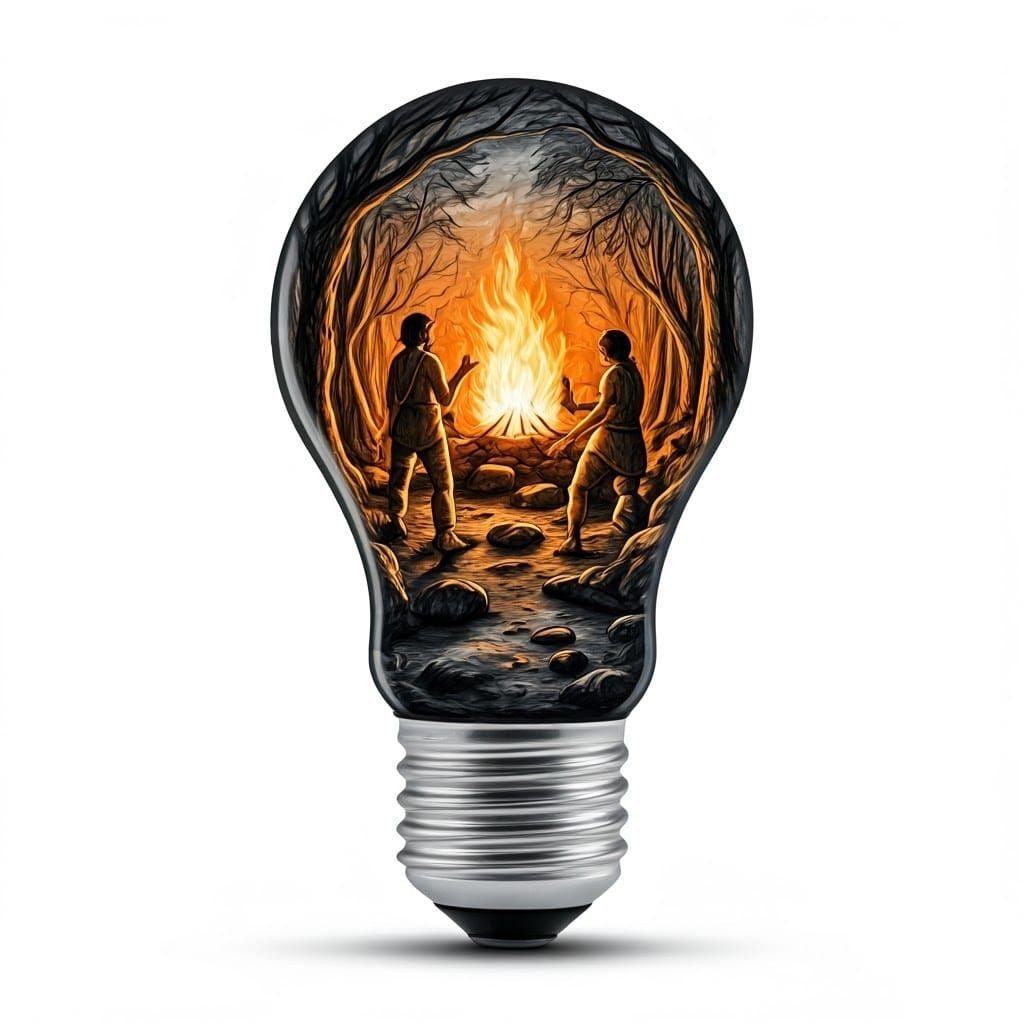 Ancient Fire Discovery Inside Light Bulb Silhouette