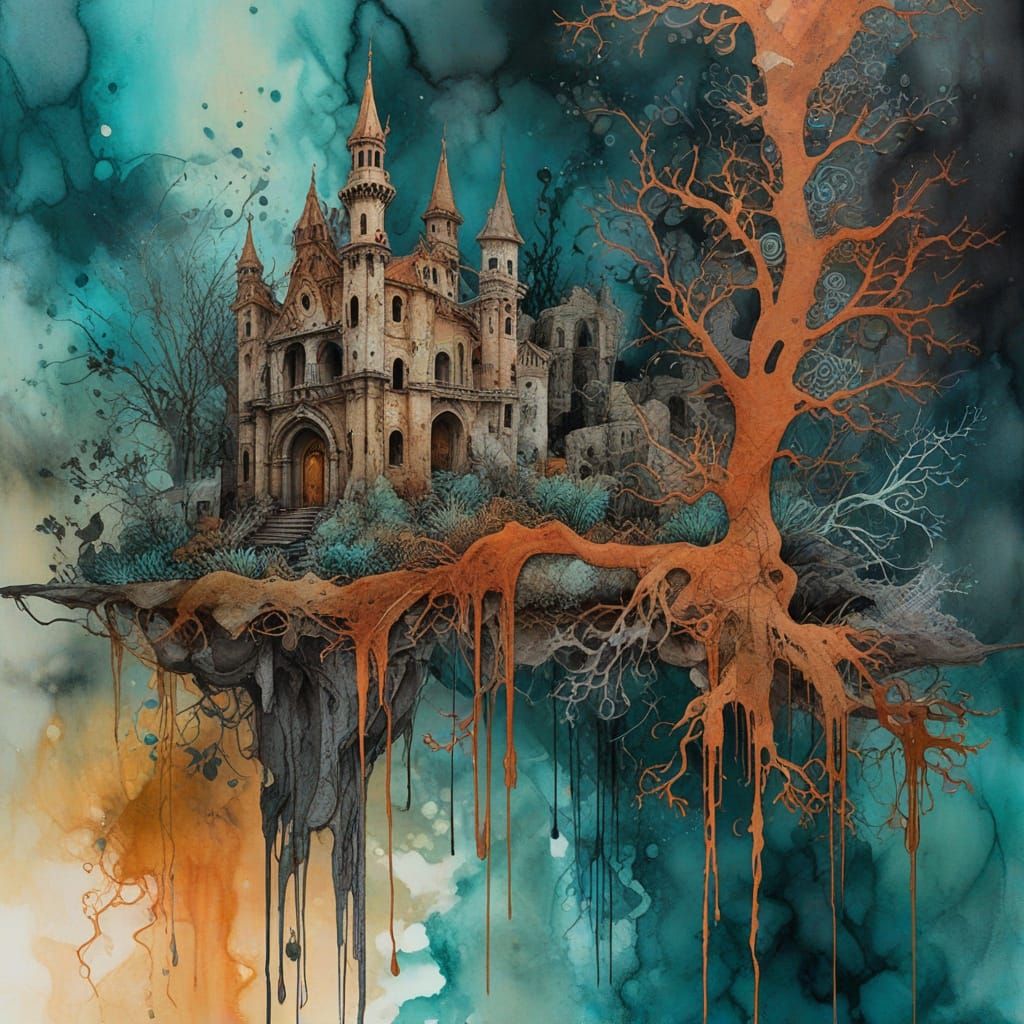 Ethereal Abandoned Ruins in Moody Watercolor
