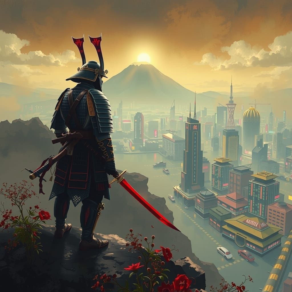 Samurai in Cyberpunk Metropolis, Neon Noir Style