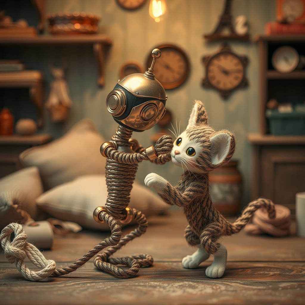 Wire Robot vs Rope Kitten in Miyazaki-esque Room
