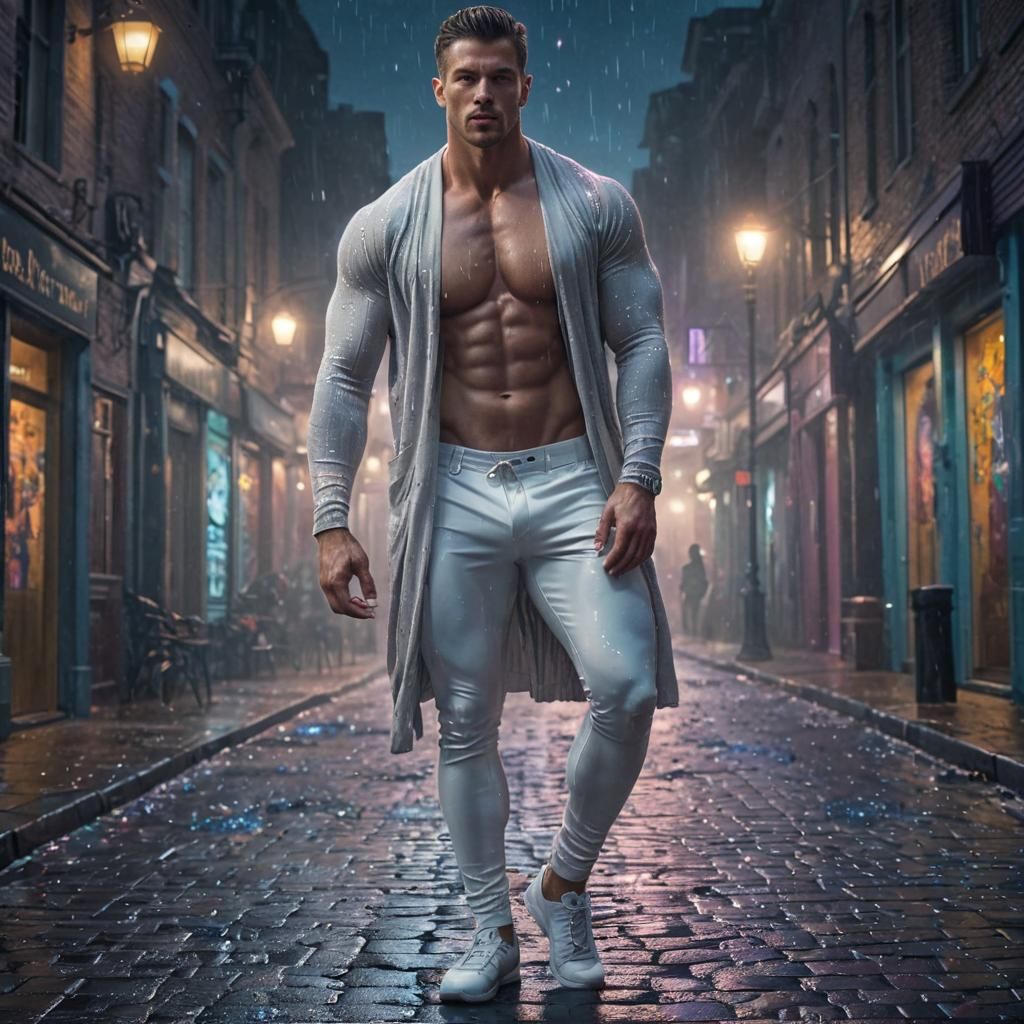 Cinematic Fantasy Concept Art of a Muscular Model Walking a....