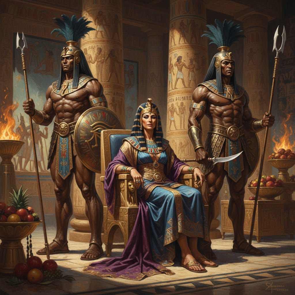 Cleopatra and Guards in Opulent Egyptian Palace Painting