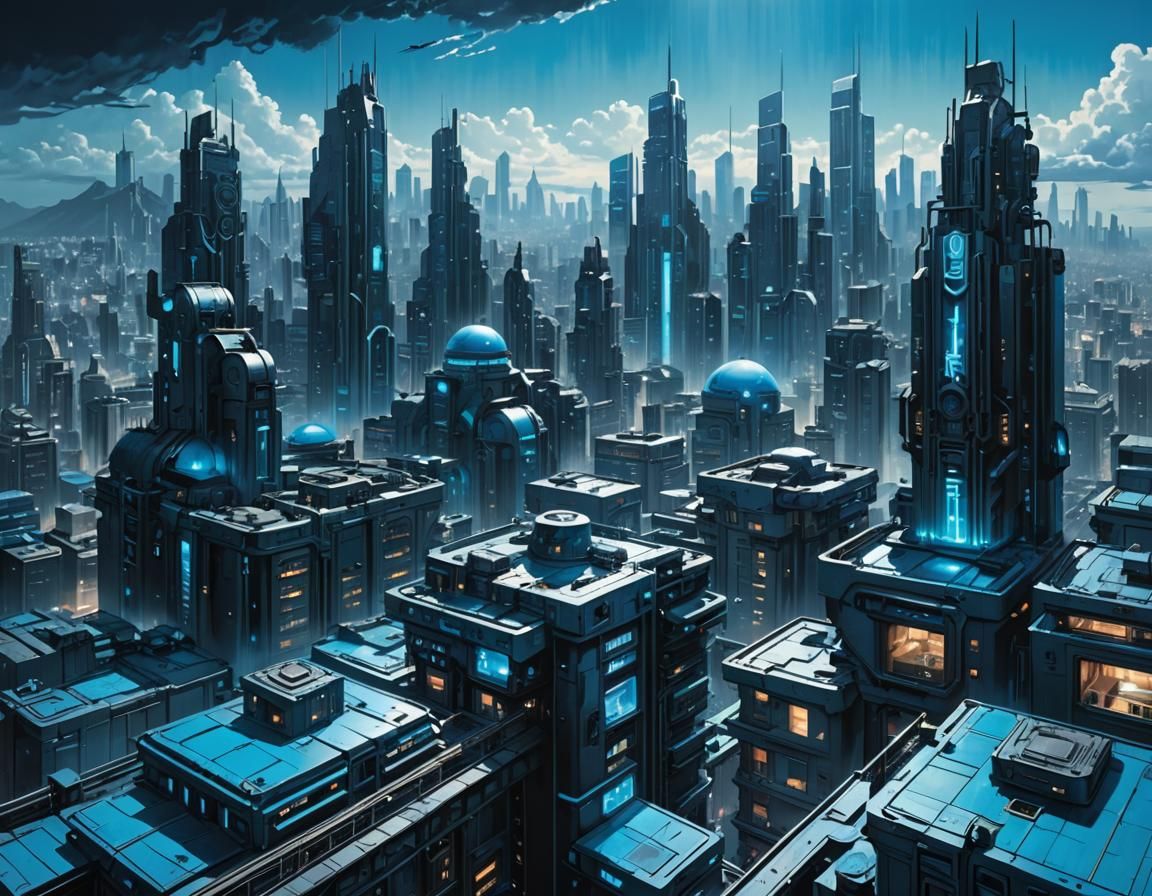 Azure Cyberpunk Cityscape Illustration in Sci-Fi Style