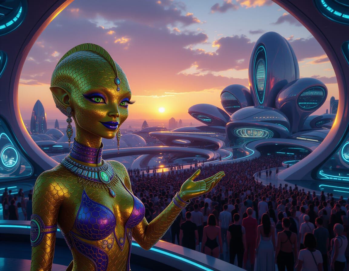 Golden Alien in a Synthwave Bioluminescent City