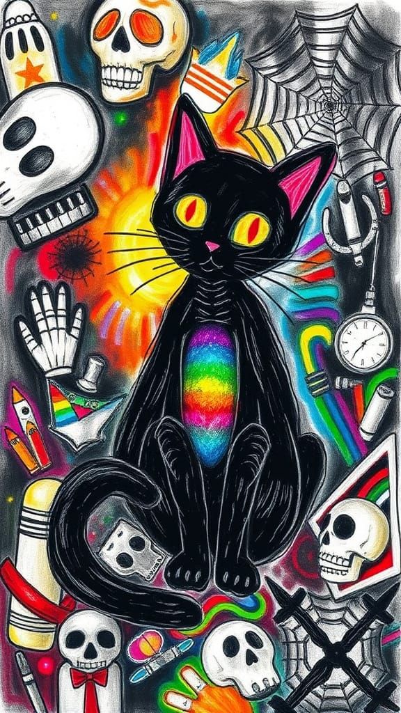 Surreal Halloween Black Cat Drawing in Alcohol Ink Style