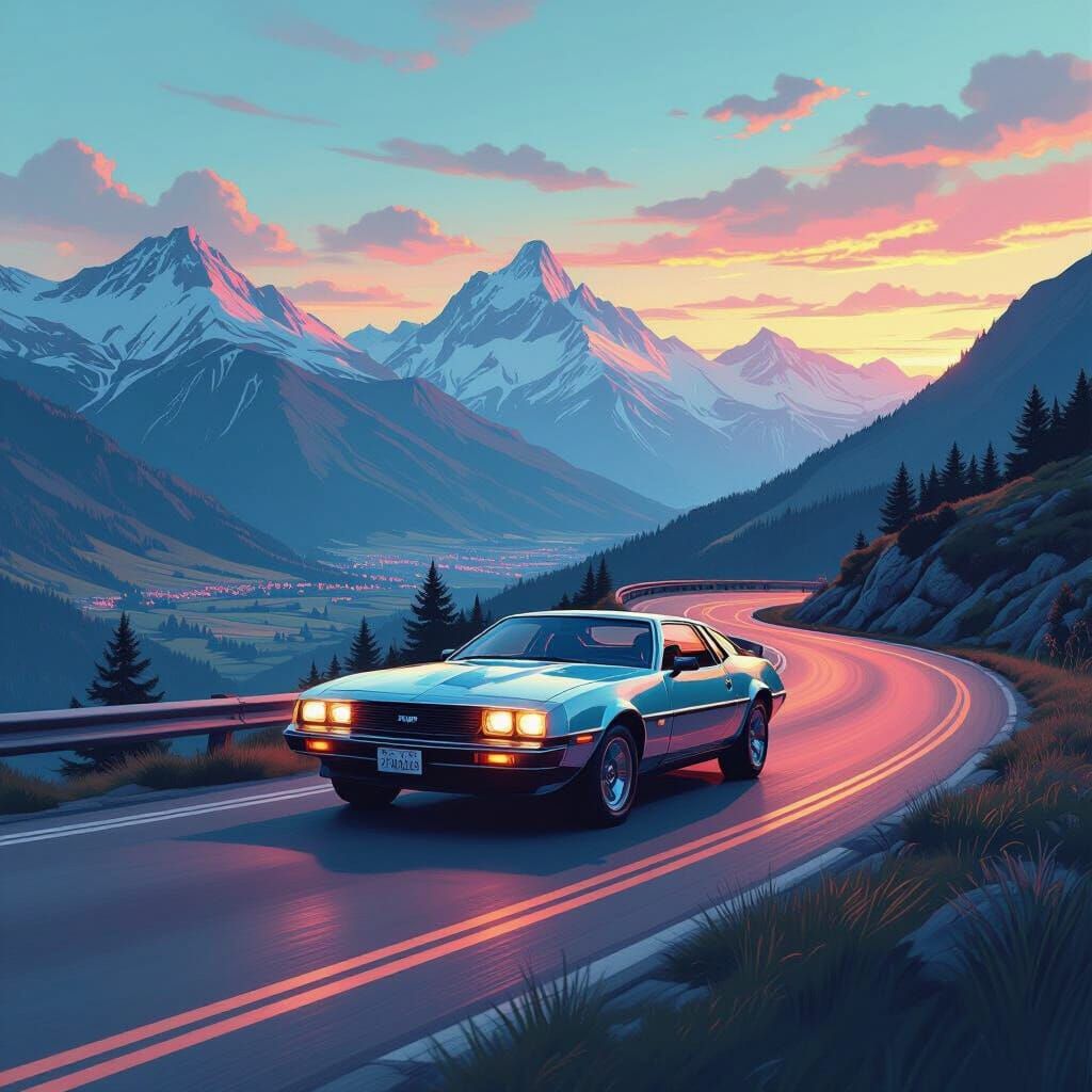 Vintage Car on Mountain Road in Futuristic Style