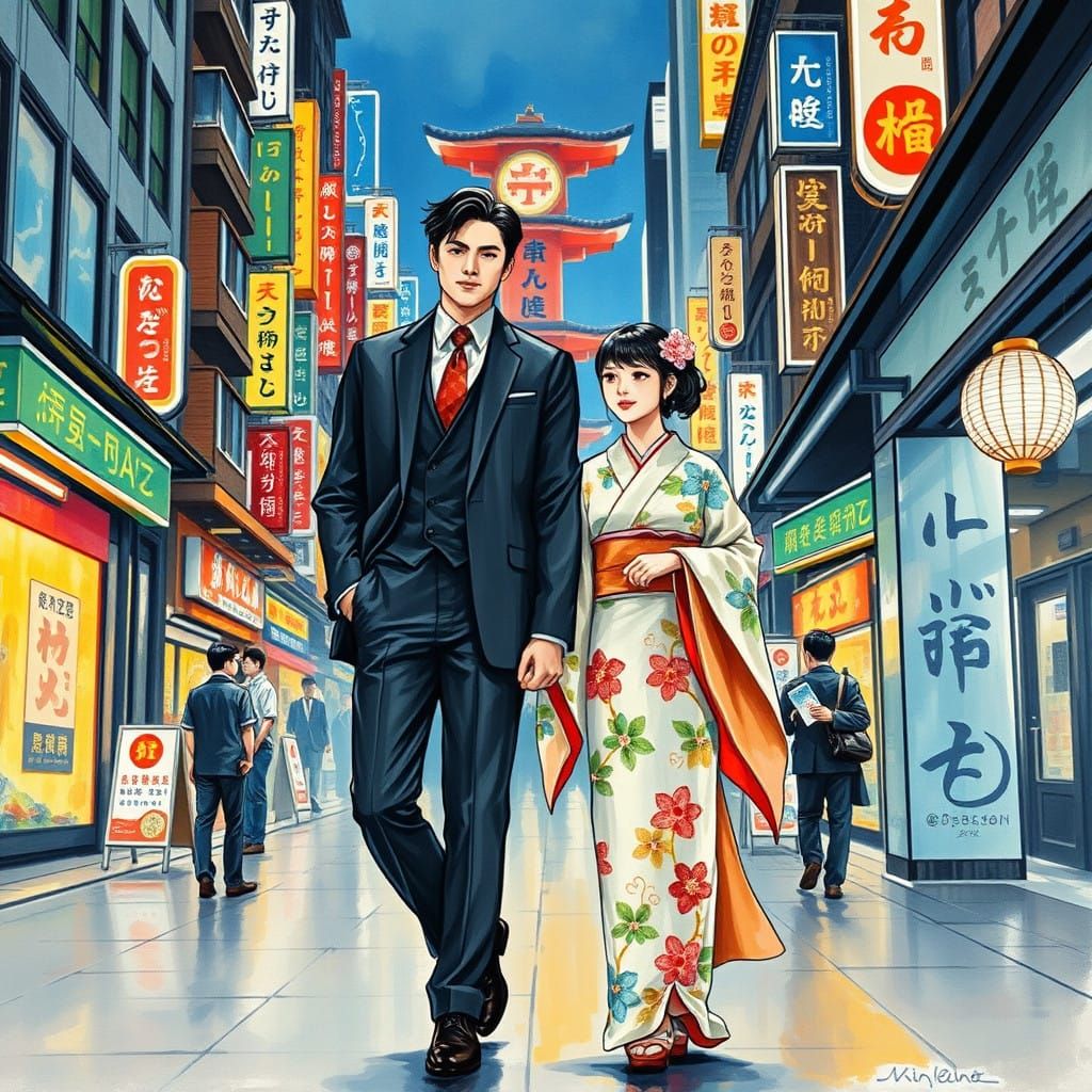 Romantic Tokyo Nighttime Scene in Impressionist Style