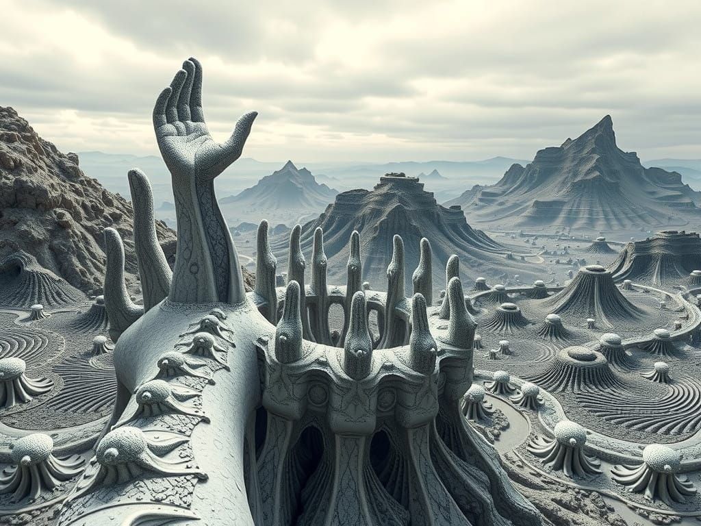 Escher-Inspired Surreal Landscape with Fractal Hands