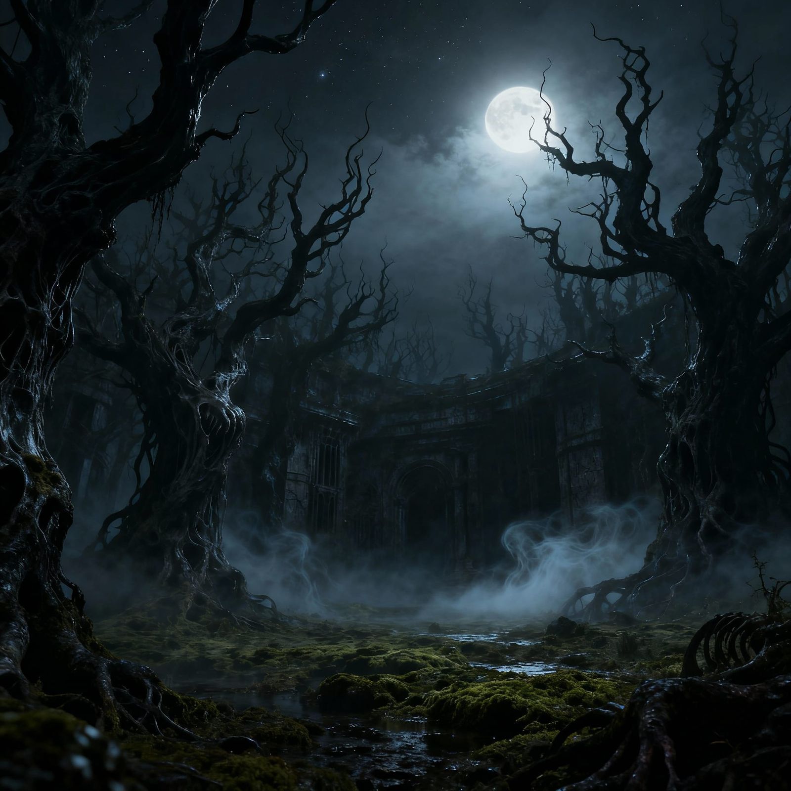 Eerie Moonlight Forest Clearing in Dark Fantasy Style