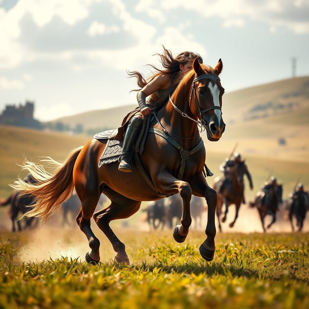 Majestic Horse Gallops with Amazon Warrior in Lush Meadown