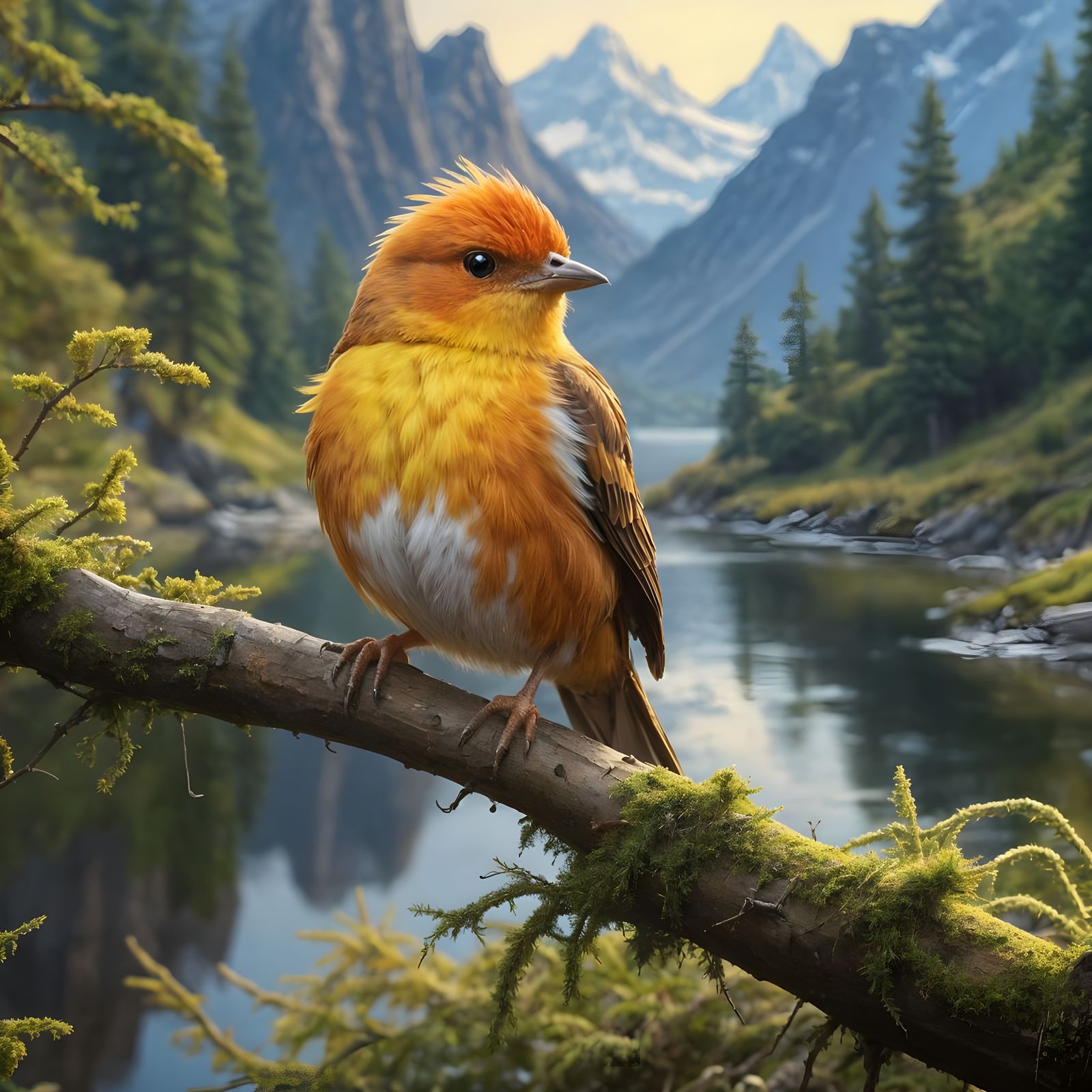 Fluffy Phoenix-Warbler Hybrid Bird in Mountain Landscape