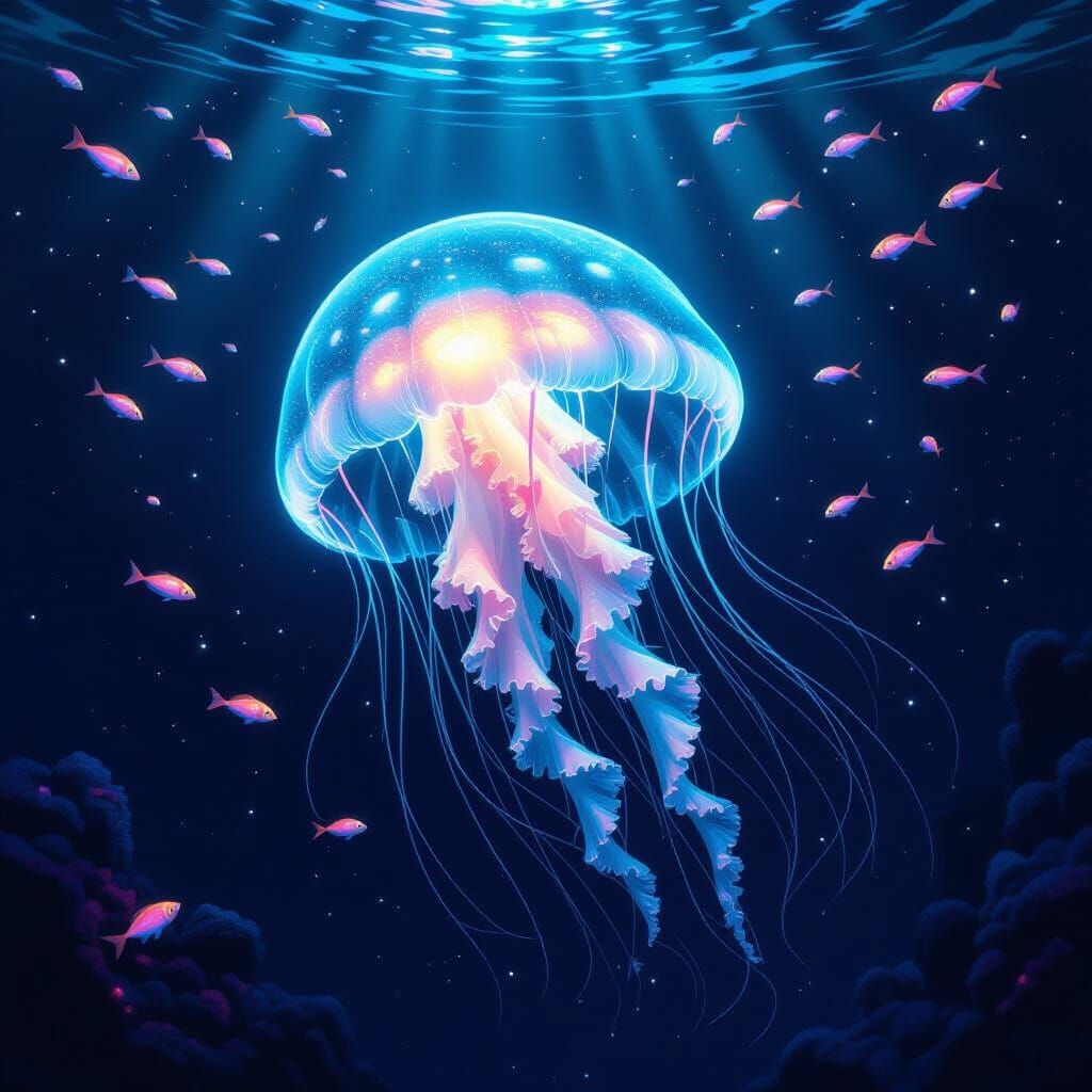 Bioluminescent Jellyfish in Deep-Sea Trench in Painterly Sty...