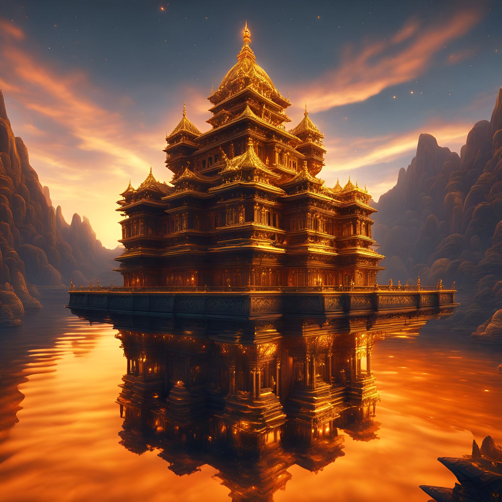 Golden Temple in Luminescent Metallic Fantasy