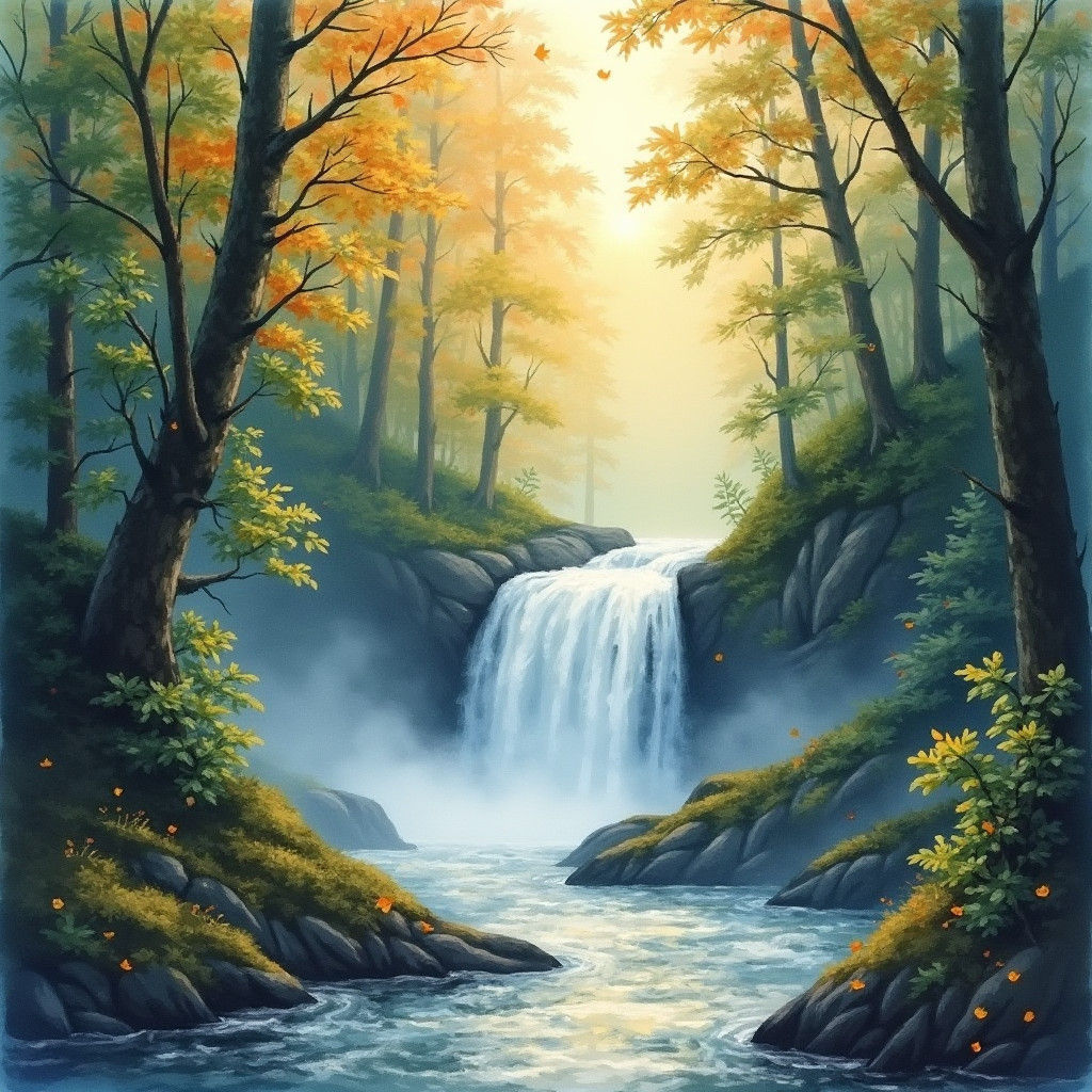 Misty Forest Waterfall in Swedish Impressionism Style