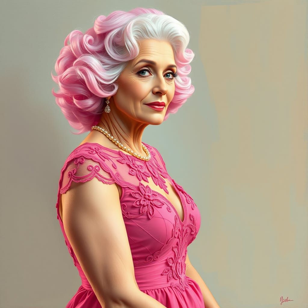 Elegant Elderly Woman in Pastel Pink Attire, Inspired by Imp...