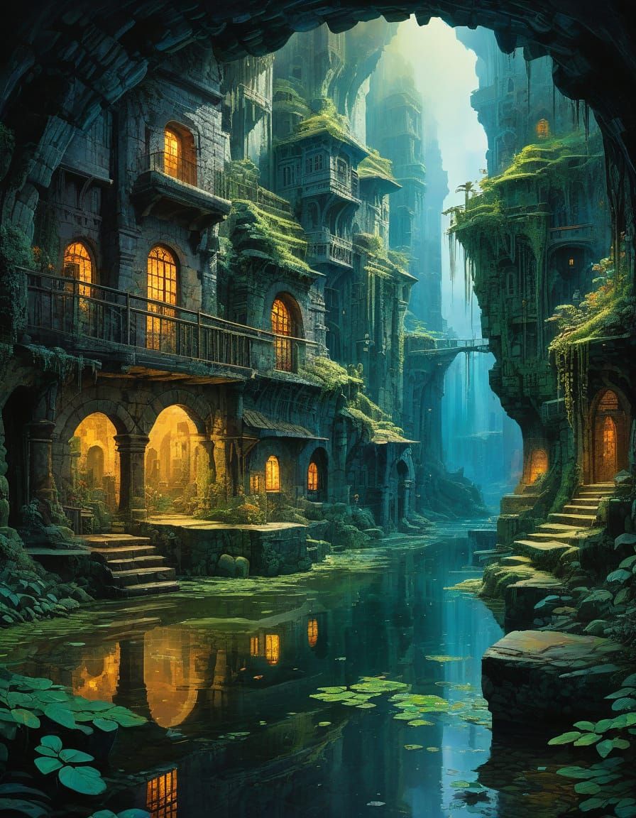 Lost Underground City in Watercolour Patchwork Style