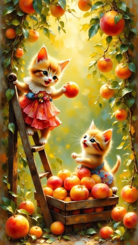 Kittens Picking Peaches in Vintage Postcard Style