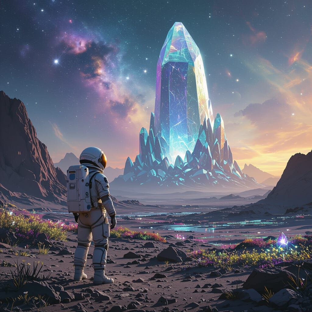 Astronaut on Alien Planet Gazing at Crystal Structure