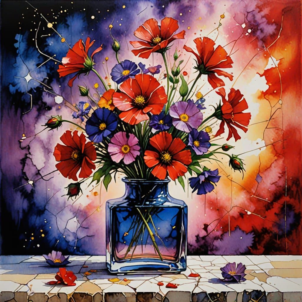 Cubist Vase of Flowers in Vintage Style