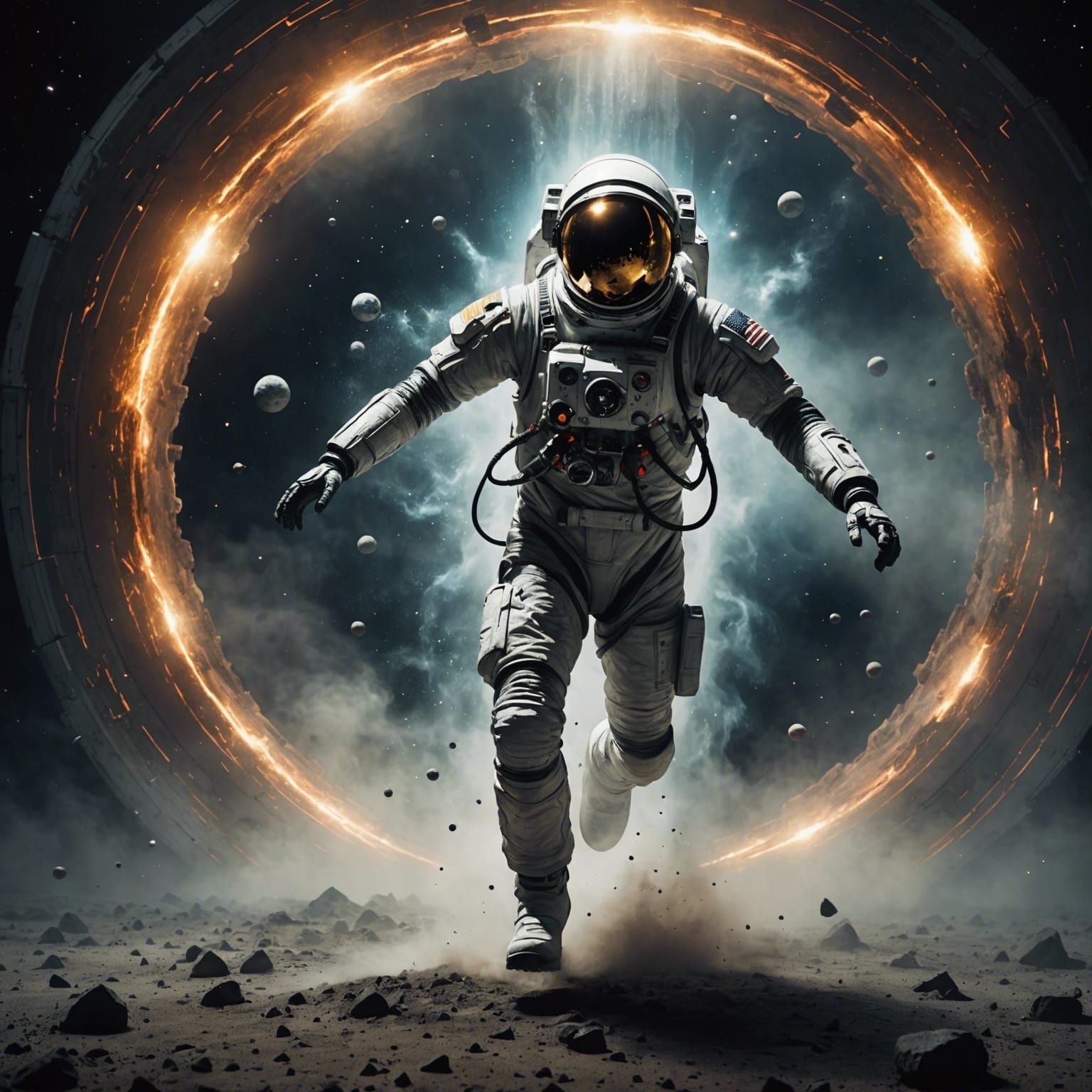 Spaceman Escaping Interdimensional Portal in Mist