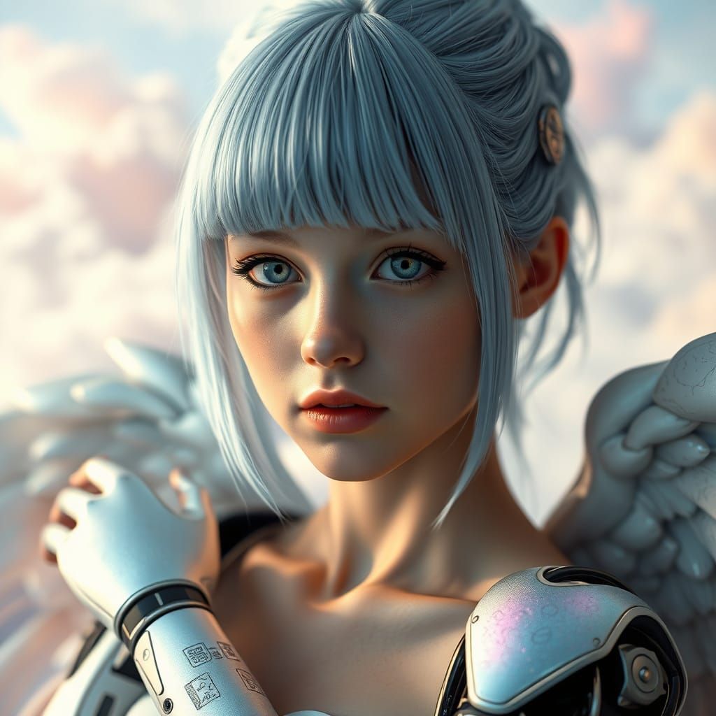 Cyborg Angel with Iridescent Wings in a Cloudy Sky