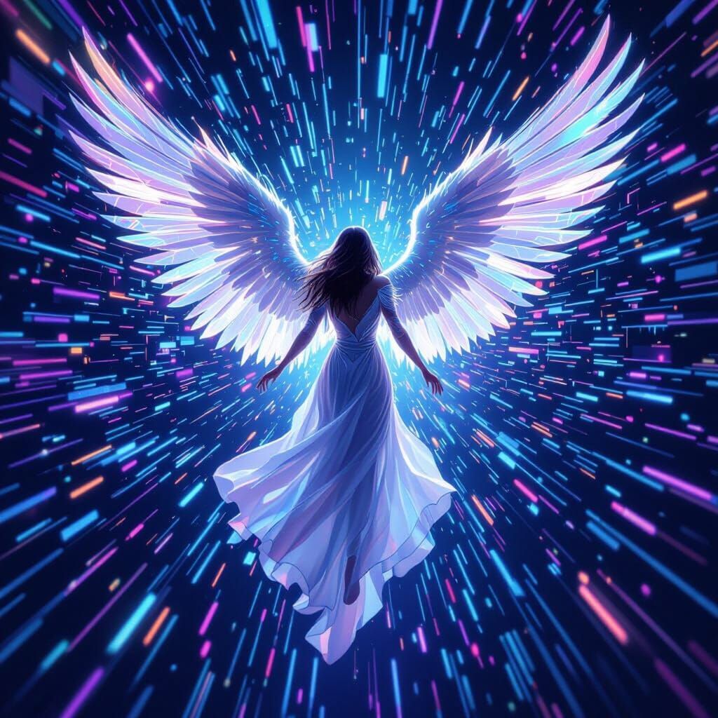 Celestial Angel Ascending in Digital Data Streams