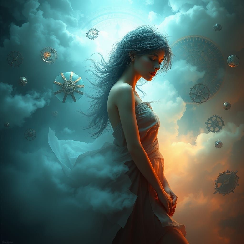 Woman in Dreamlike Mist with Clockwork, Mystical Realism